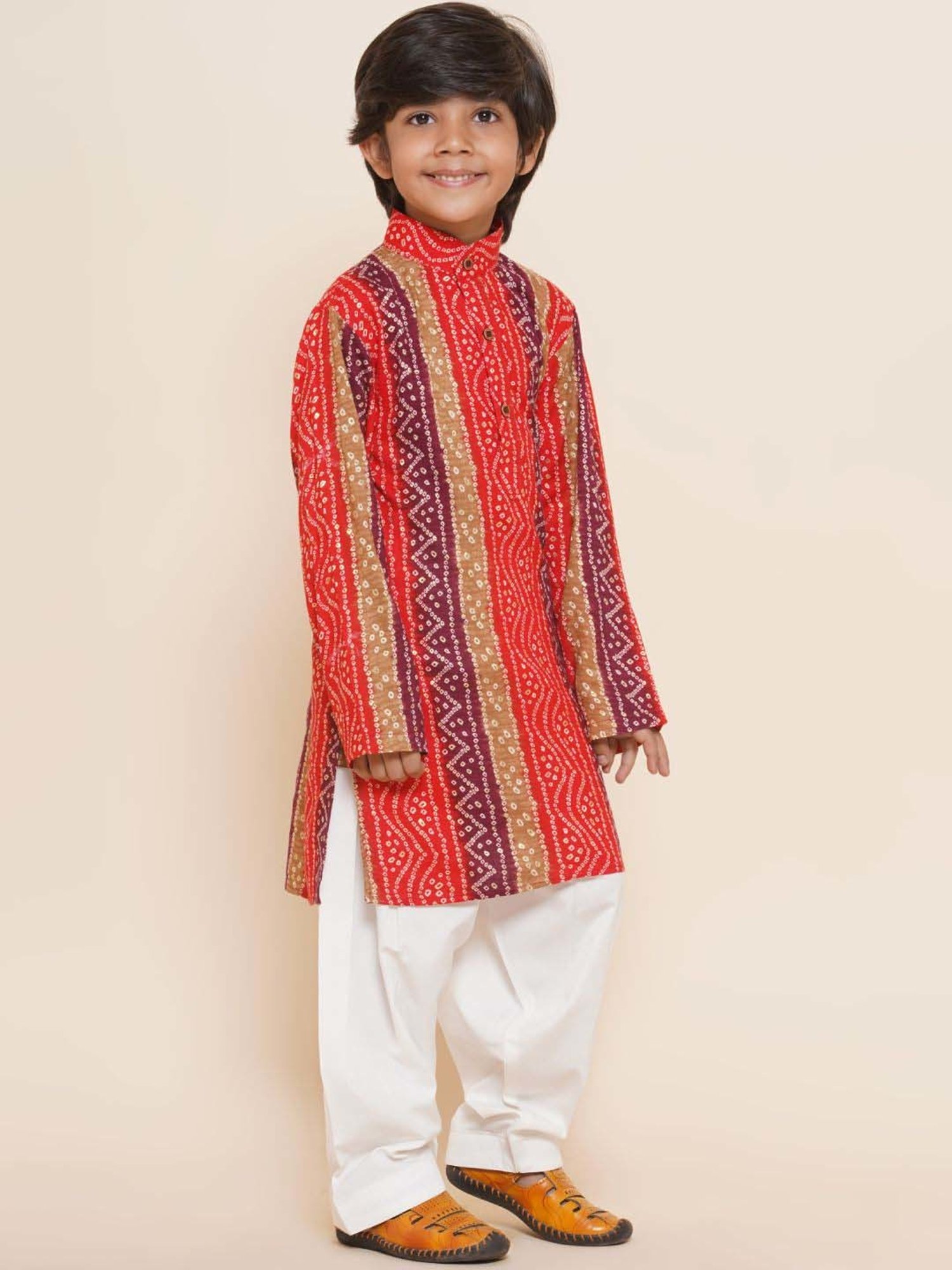 AJ Dezines Kids Red & White Cotton Printed Full Sleeves Kurta Set