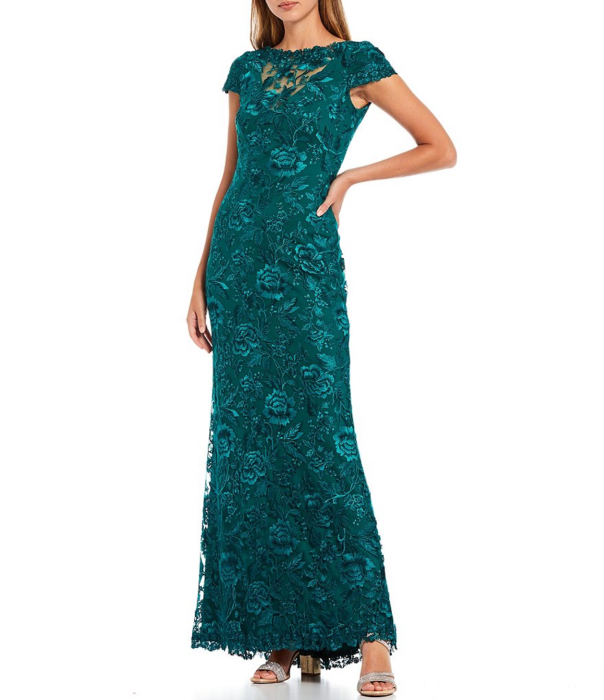 Tadashi Shoji Short Sleeve Illusion Boat Neck Floral Lace Gown