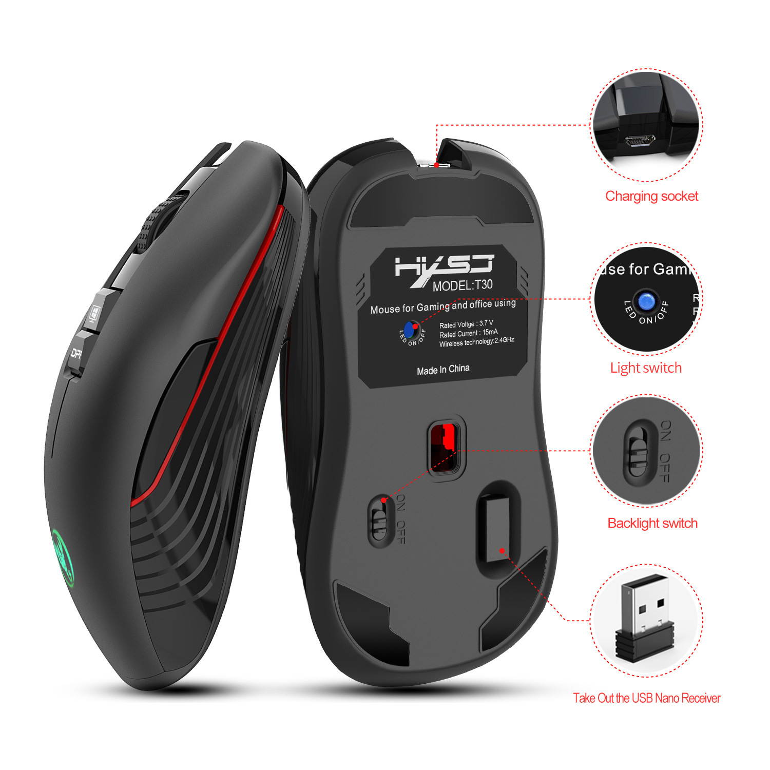Wireless Charging Gaming Mouse Mute Luminous Mechanical Mouse for Mac and PC, up to 3600dpi