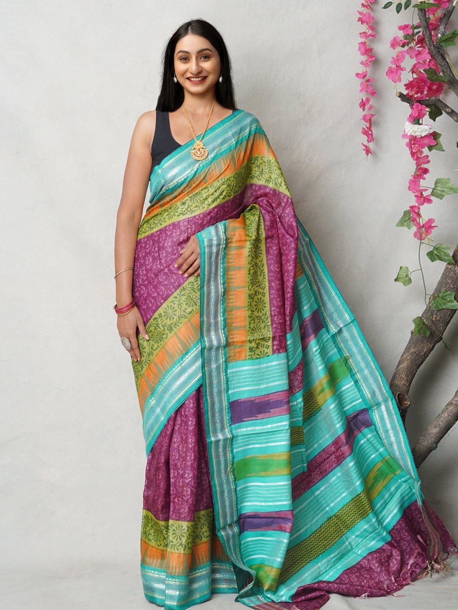 Unnati Silks Purple Silk Printed Saree With Unstitched Blouse