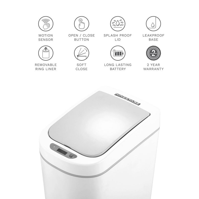 Nine Stars 1.9gal White Waterproof Motion Sensor Slim Shape Plastic Trash Can