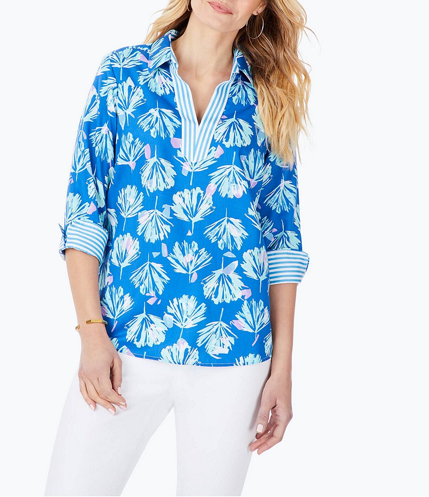 Foxcroft Collar V-Neck Pressed Floral Print 3/4 Roll Tab Sleeve Blouse