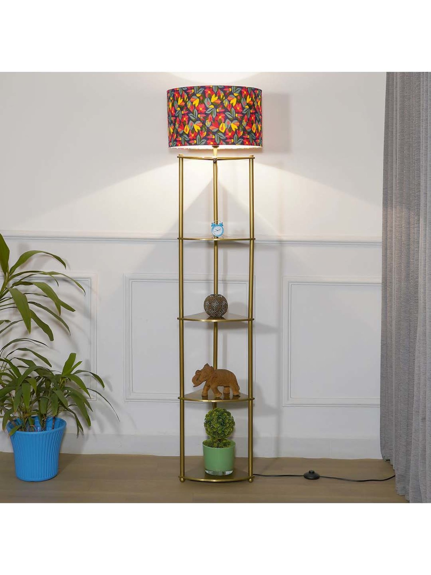 Kapoor E Illuminations Devan Antique Brass Metal Multiutility Shelf Floor Lamp