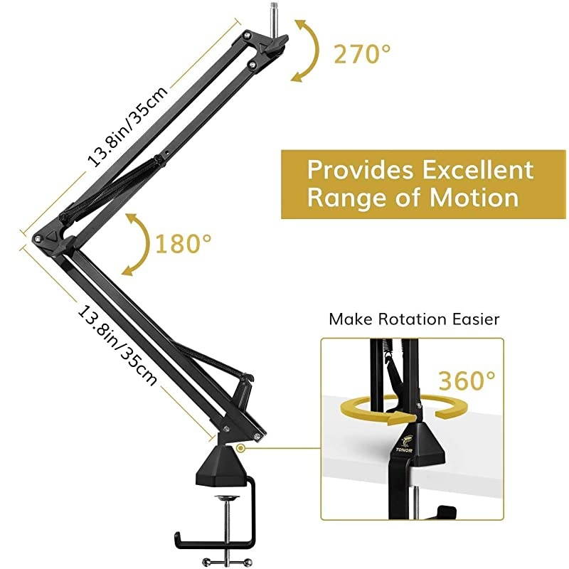 Microphone Arm Stand,  Adjustable Suspension Boom Scissor Mic Stand with Pop Filter, 3/8" to 5/8" Adapter, Mic Clip, Upgraded Heavy Duty Clamp for Blue Yeti Nano Snowball Ice and Other Mics(T20)