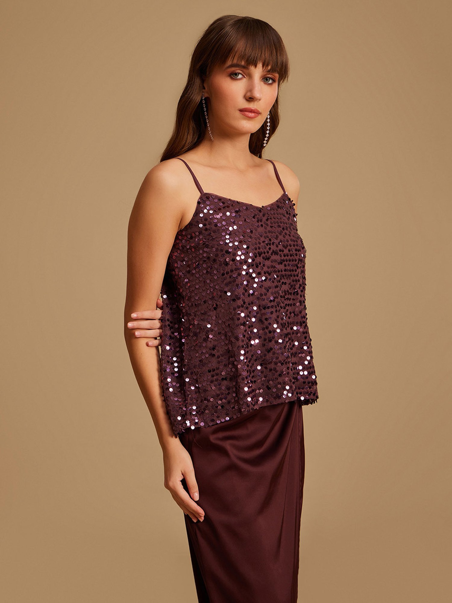 Kazo Maroon Embellished Spaghetti Top
