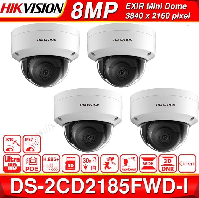 Hikvision English version DS-2CD2185FWD-I 8MP Network mini dome security CCTV Camera POE SD card 30m IR H.265+ IP camera IK10 IP67, (8MP, 4.0mm fixed lens, 1 Pcs)