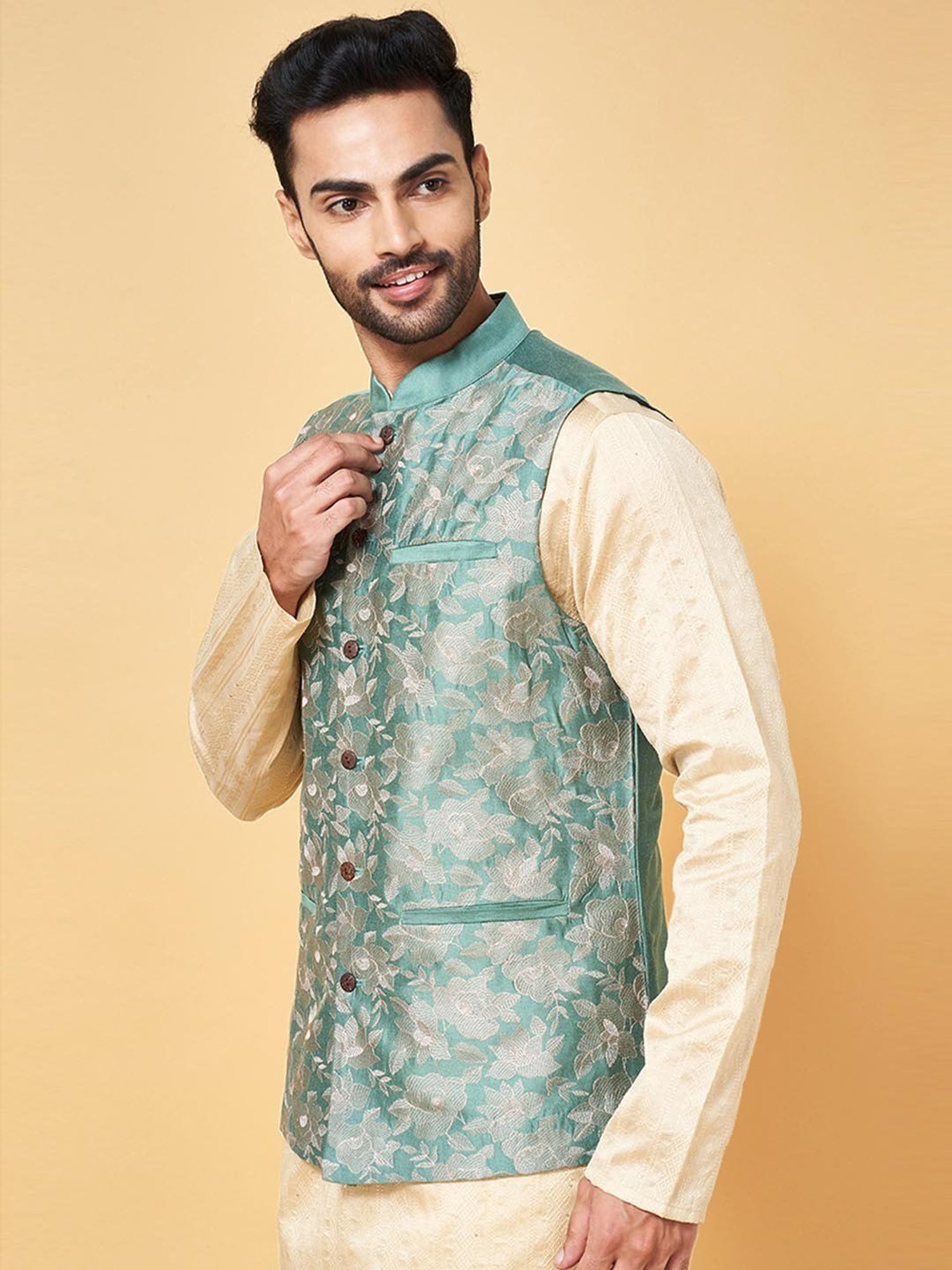 Indus Route by Pantaloons Sage Green Regular Fit Embroidered Nehru Jacket