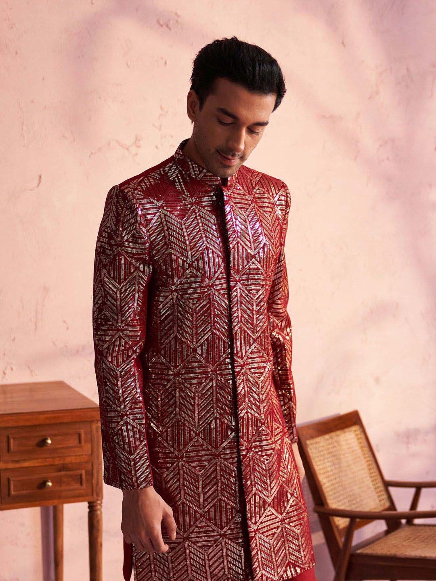 Vastramay Maroon Regular Fit Embroidered Sherwani Set