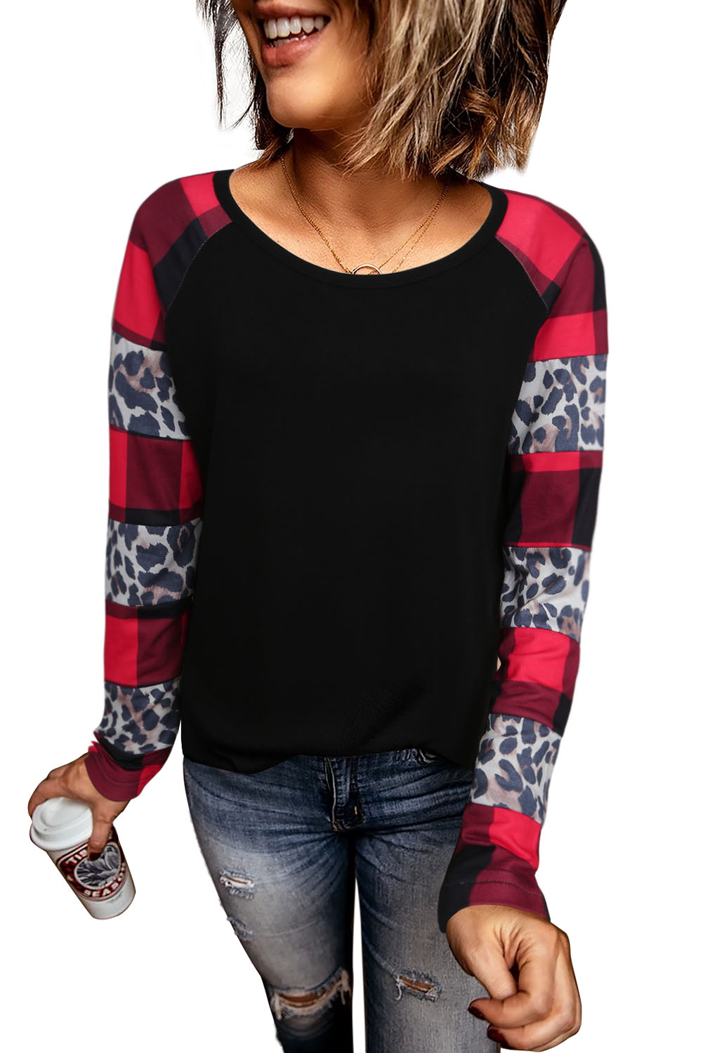 Blank Sweatshirt - Black Plaid Leopard Print Patchwork Long Sleeve Top Customized