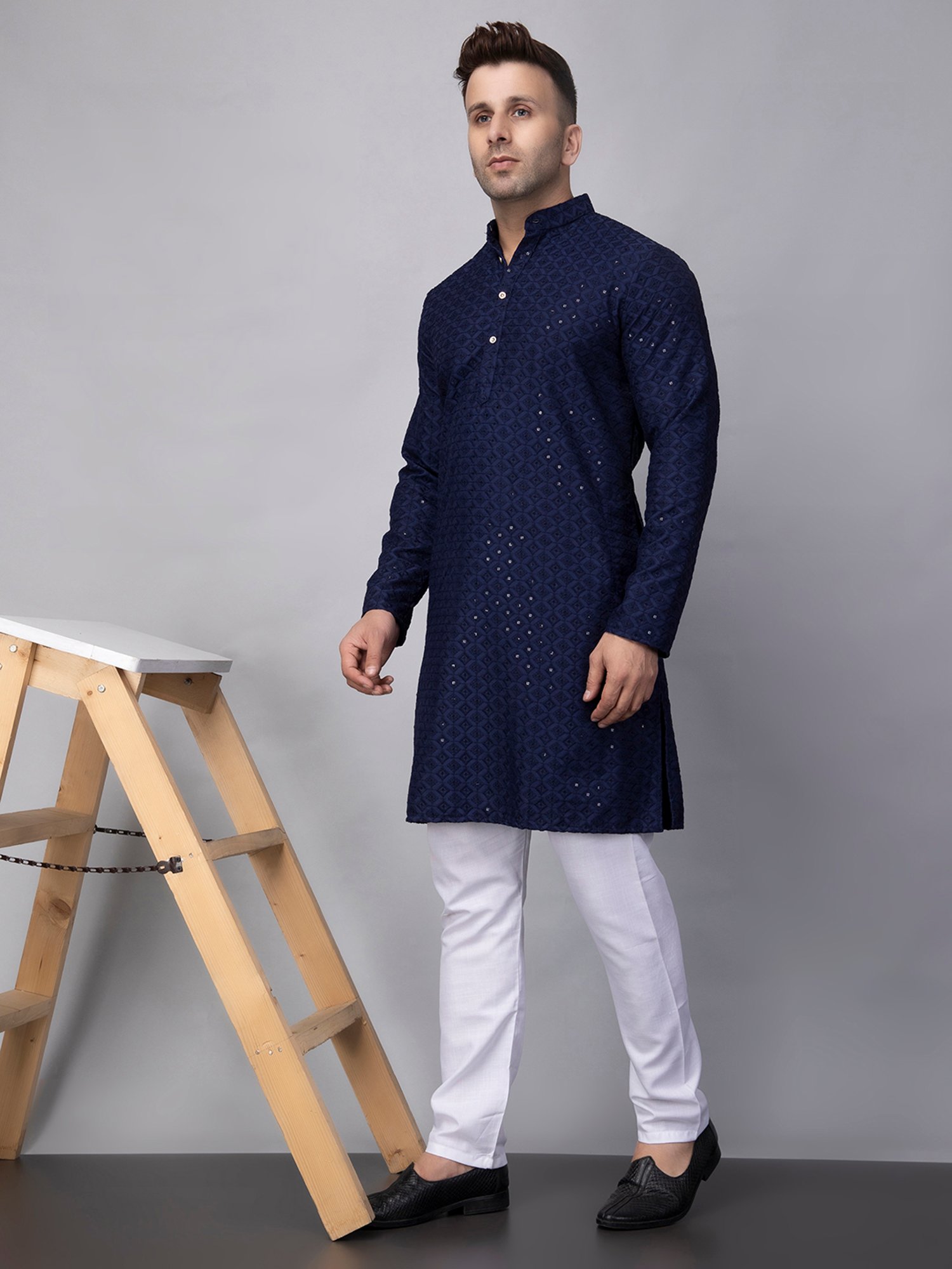 Hangup Navy & White Regular Fit Embroidered Kurta & Pyjamas Set