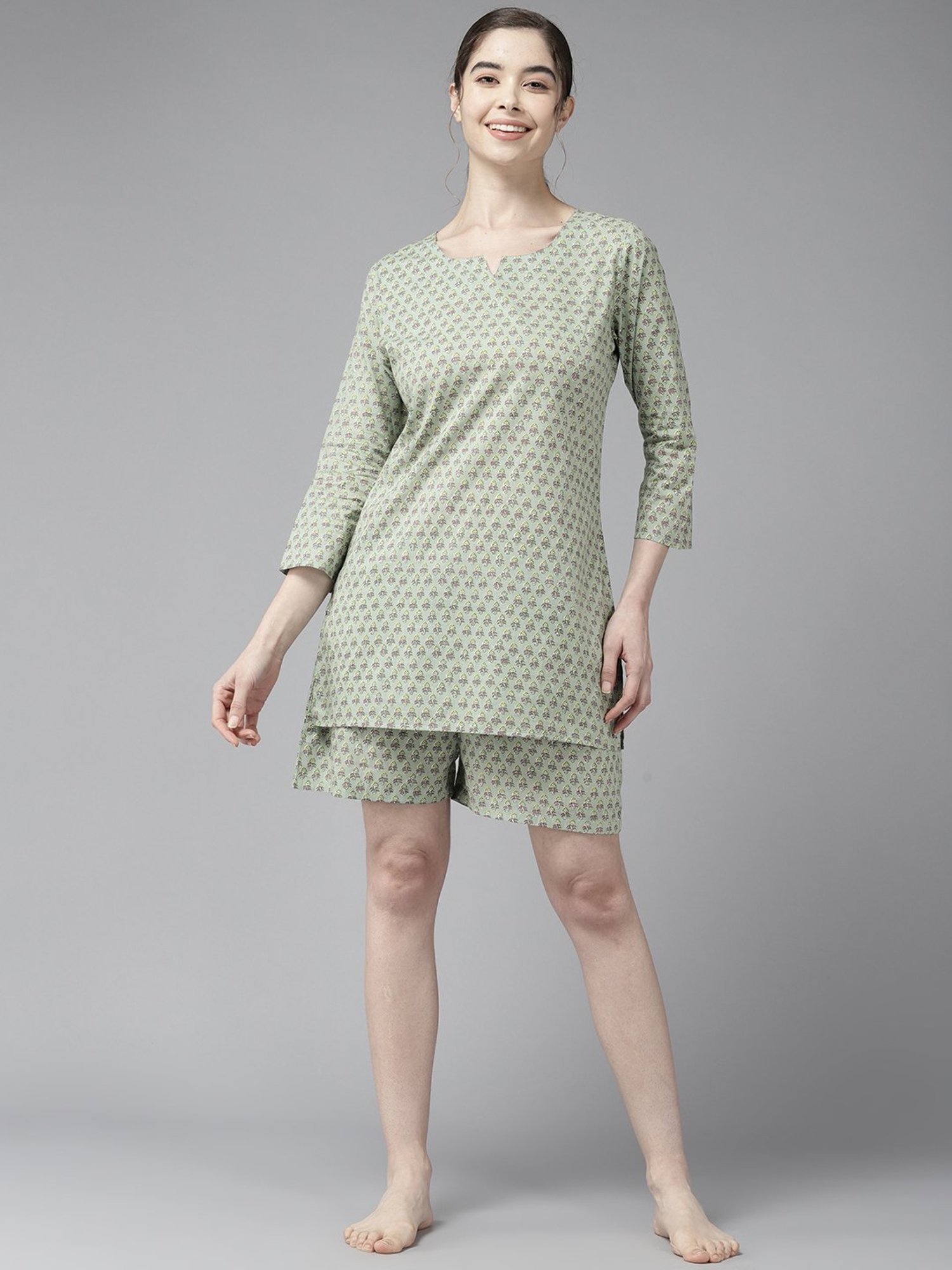 Prakrti Green Cotton Printed Top Shorts Set