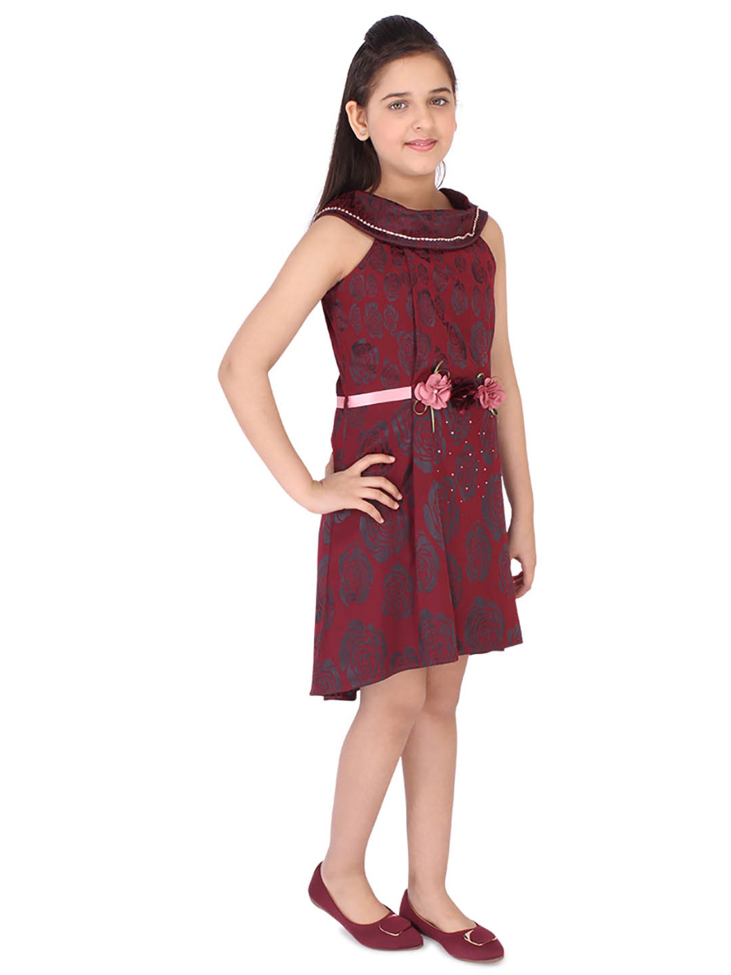 Cutecumber Kids Plum Printed Dress, Belt with Purse