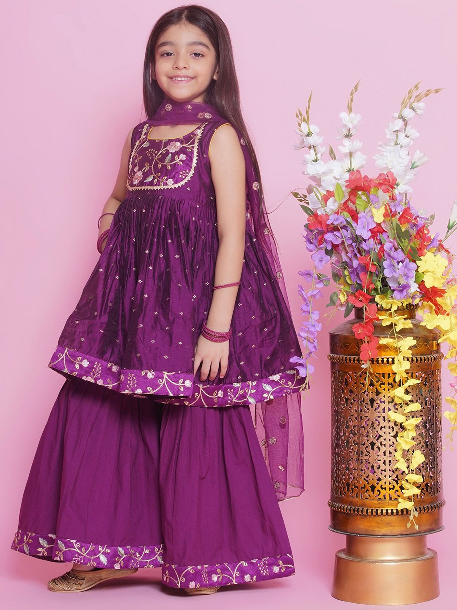 Little Bansi Girls Purple Embroidered Kurta, Sharara with Dupatta