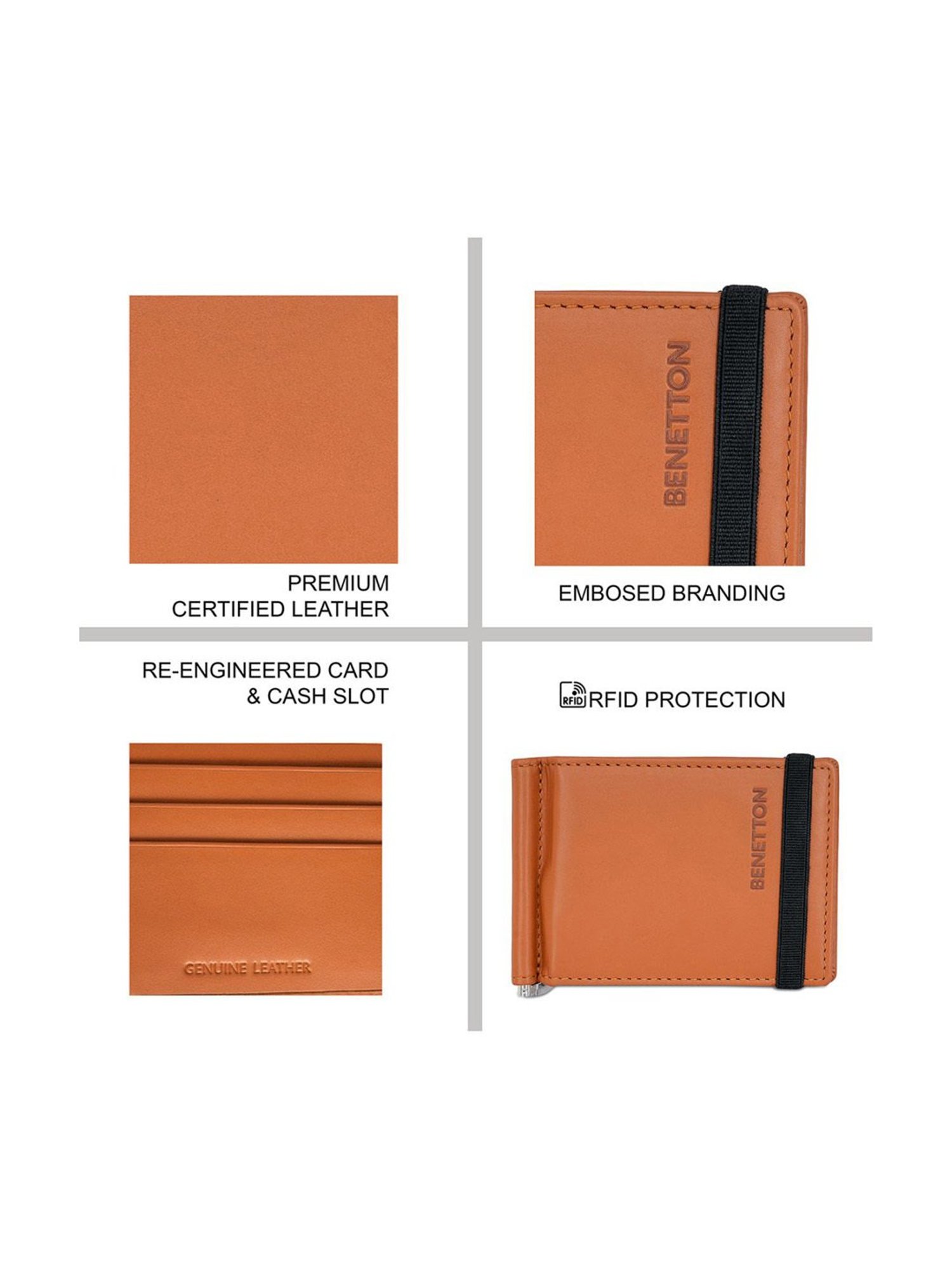 United Colors of Benetton Emberto Tan Leather Solid Money Clip Wallet