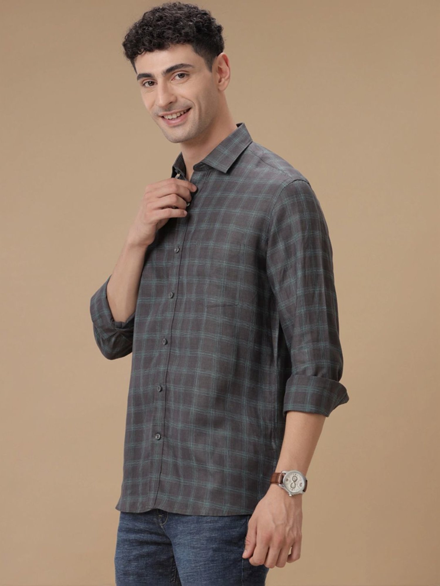 Linen Club Grey Linen Contemporary Fit Checks Shirt