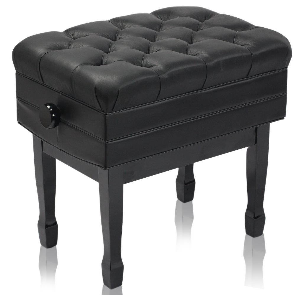 Genuine Leather Adjustable Piano Bench by GRIFFIN | Black Solid Wood Vintage Style & Heavy-Duty Ergonomic Keyboard Stool | Cushion Seat With Storage Space | Home Vanity Bench or Musicians Guitar Chair