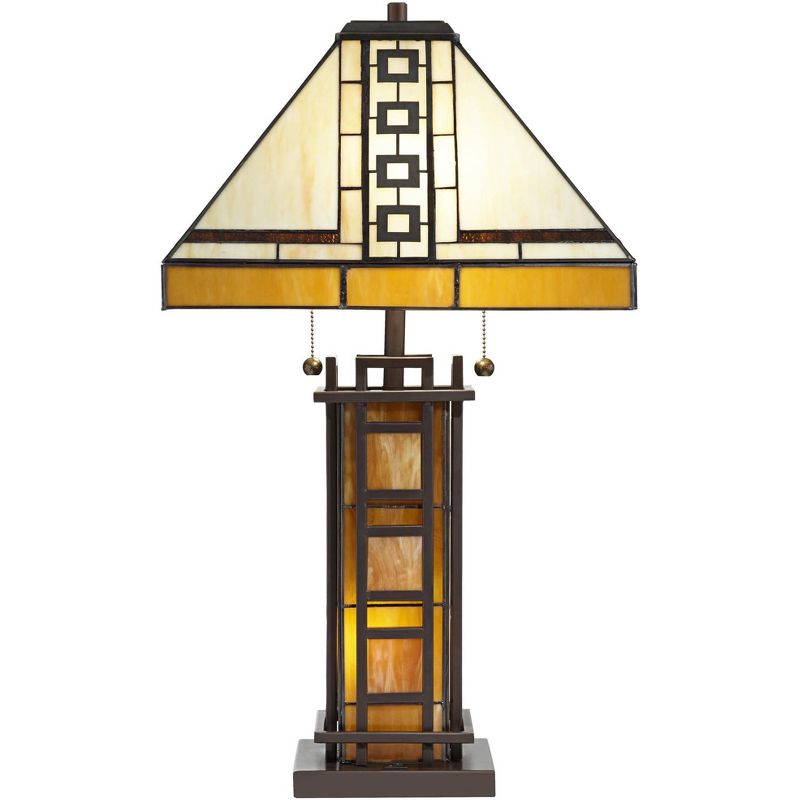 Robert Louis Tiffany Mission Table Lamp with Nightlight LED Oil Rubbed Bronze Amber Stained Art Glass Shade Living Room Bedroom