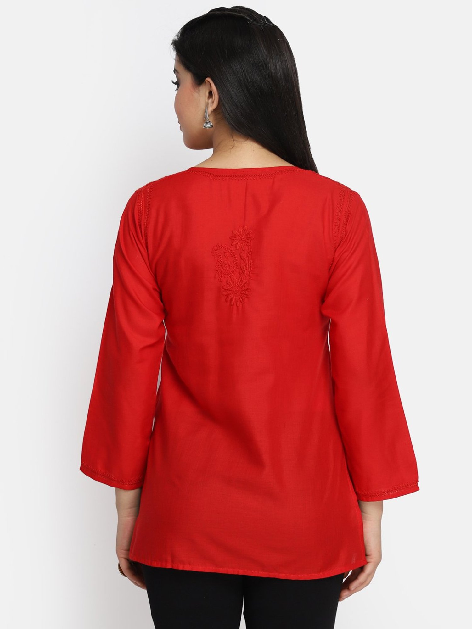 PARAMOUNT CHIKAN Red Cotton Chikankari Straight Short Kurti