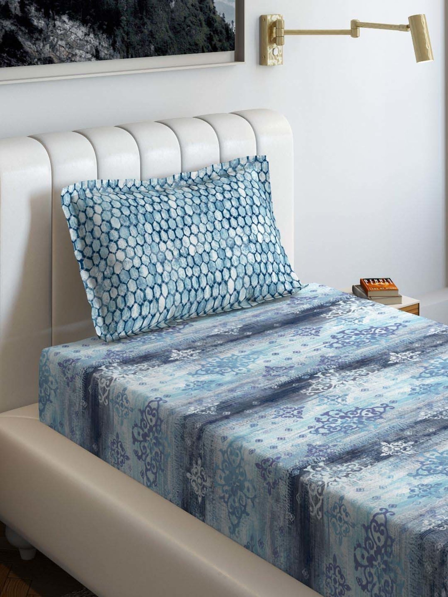 DDecor Printed Blue 150 TC Cotton Single Bedsheet with 1 Pillow Cover