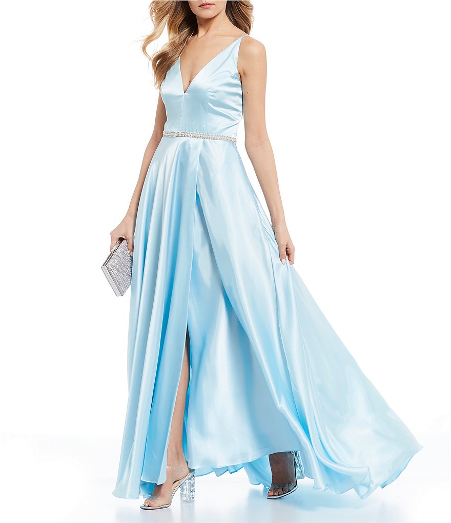 Blondie Nites Sleeveless V-Neck Beaded Waist Side Slit Satin Ball Gown