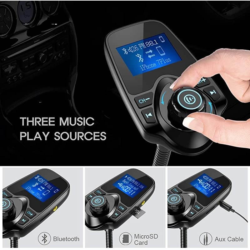 Bluetooth FM Transmitter for Car, Upgraded Manual Power On/Off Switch Wireless Car Radio Bluetooth Adapter Supports Hands free Calls, USB Fast Charging, microSD Card, Aux Play - KM18 Plus Black