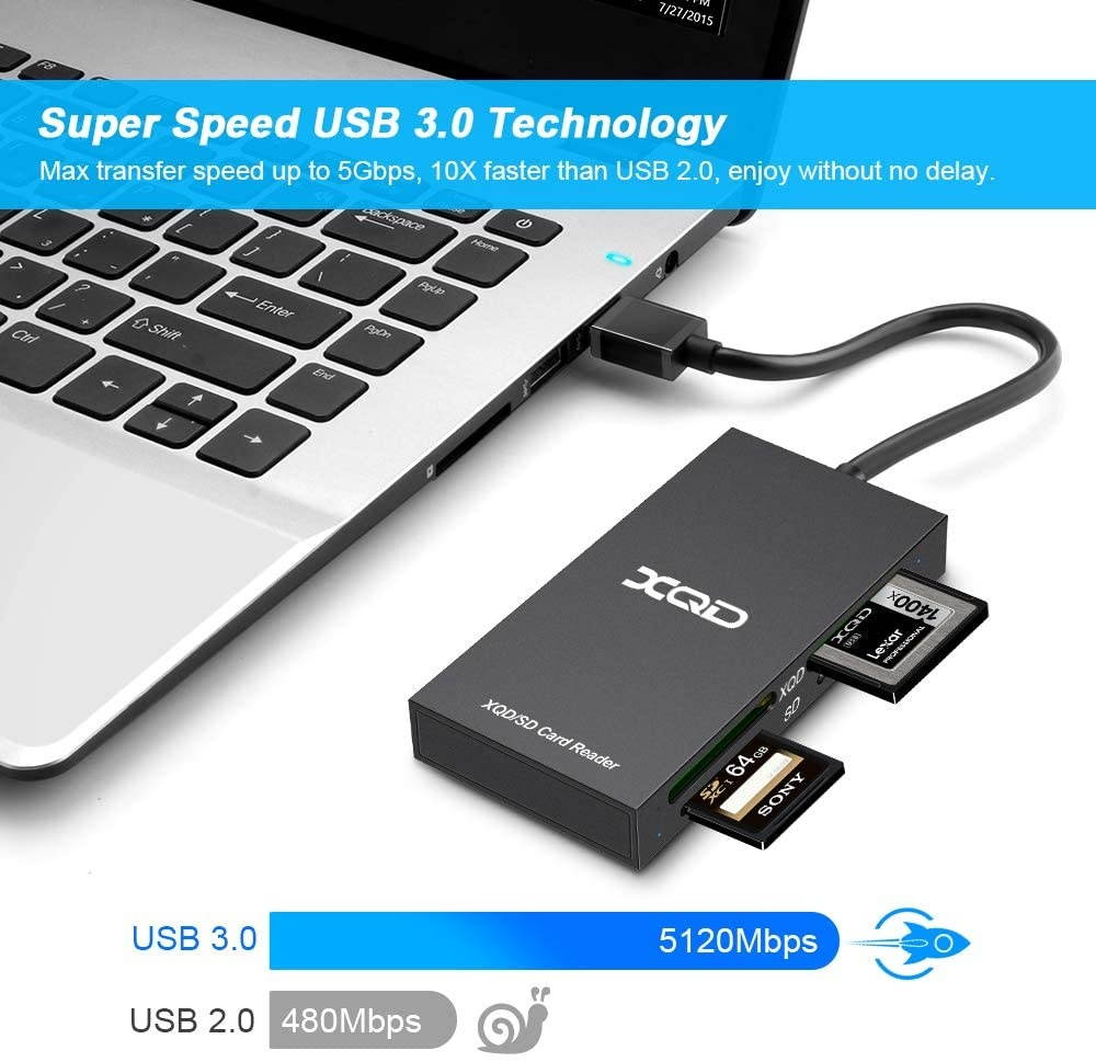Rocketek USB 3.0 XQD SD Card Reader, XQD Card Reader 4 in 1 Memory Card Reader 5Gbps High Speed Read & Write Sony G/M Series, Lexar 2933x/1400x USB Mark XQD Card, SD/SDHC/SDXC Card for Windows/Mac OS