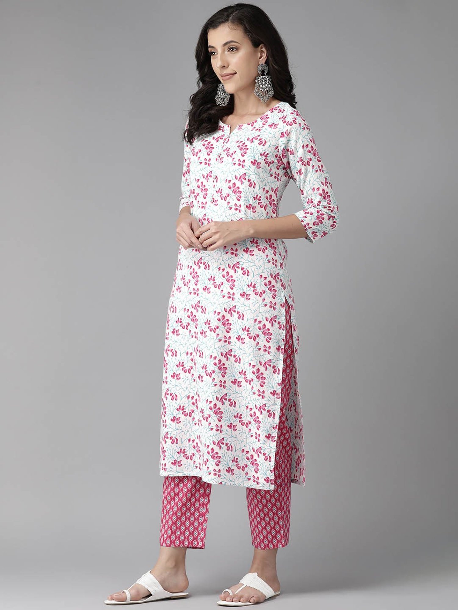 Prakrti White & Pink Cotton Floral Print Kurta With Pant & Dupatta