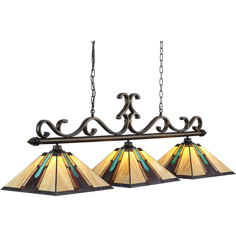 Robert Louis Tiffany Bronze Linear Island Pendant Chandelier 56" Wide Tiffany Style Ranier Art Glass 3-Light Fixture for Kitchen