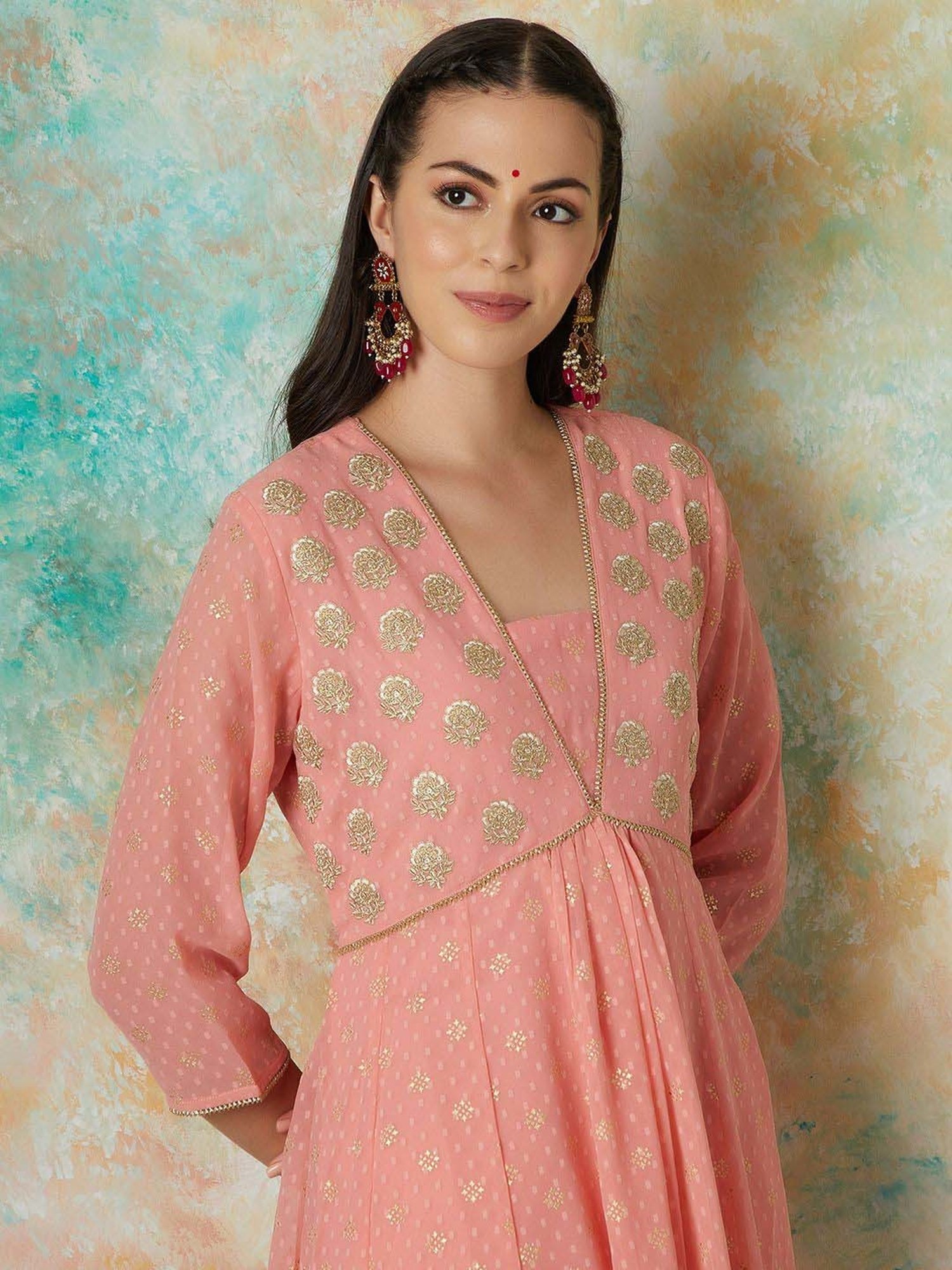 Melange by Lifestyle Peach Embroidered Kurta & Pant Set With Dupatta