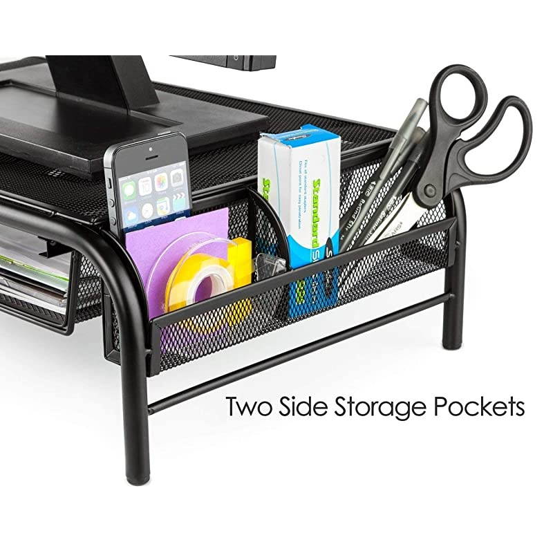 Monitor Stand Riser & Computer Desk Organizer Black Shelf - with Pull Out Drawer & Side Compartment - for Laptop, iMac, Screens, Keyboard & Printer Holder - Metal (Riser 1 Pack)