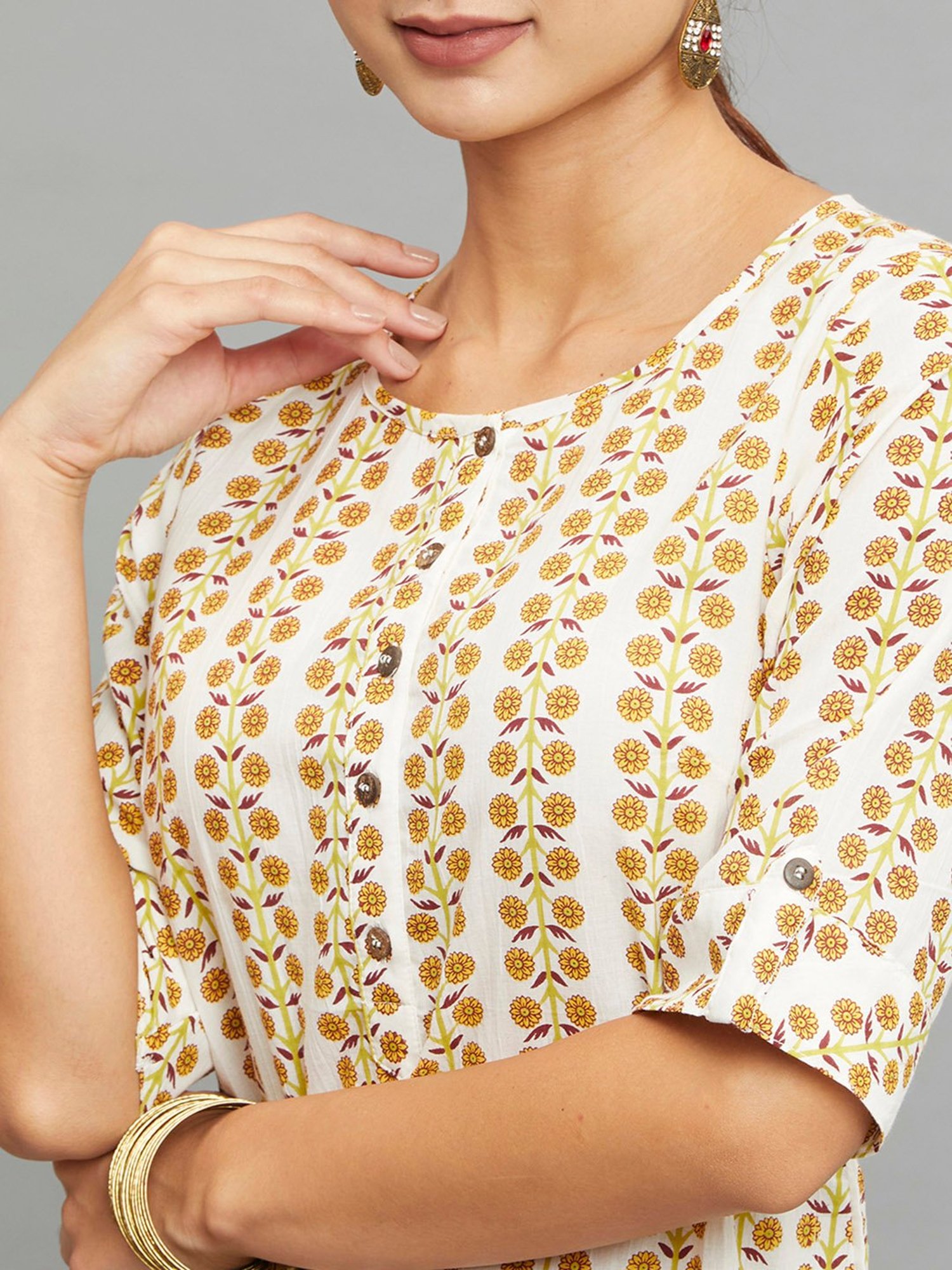 paislei Beige Printed High low Kurta