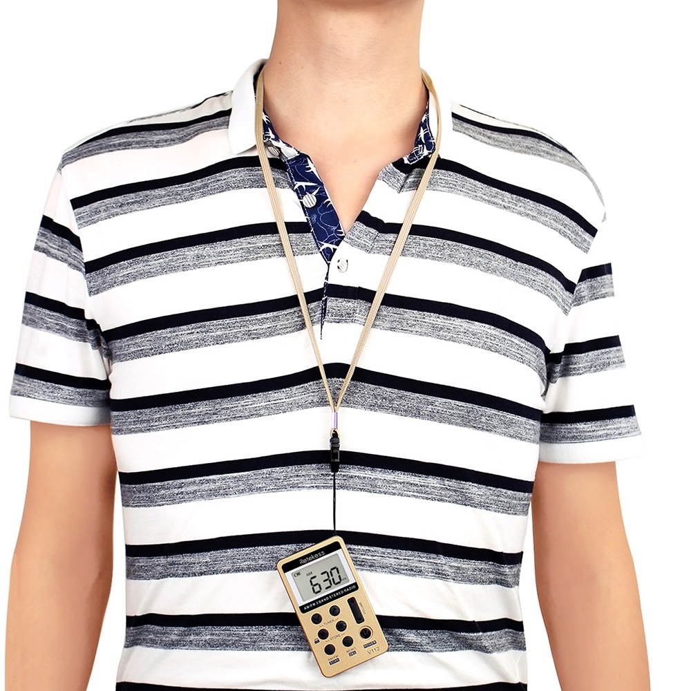 Retekess V-112 Portable AM/ FM Stereo Radio Pocket 2 Band Digital Tuning Radio Mini Receiver Outdoor Radio w/ Earphone Lanyard 1.5 Inch LCD Display Screen Rechargeable 500mAh Battery Sleep Timer