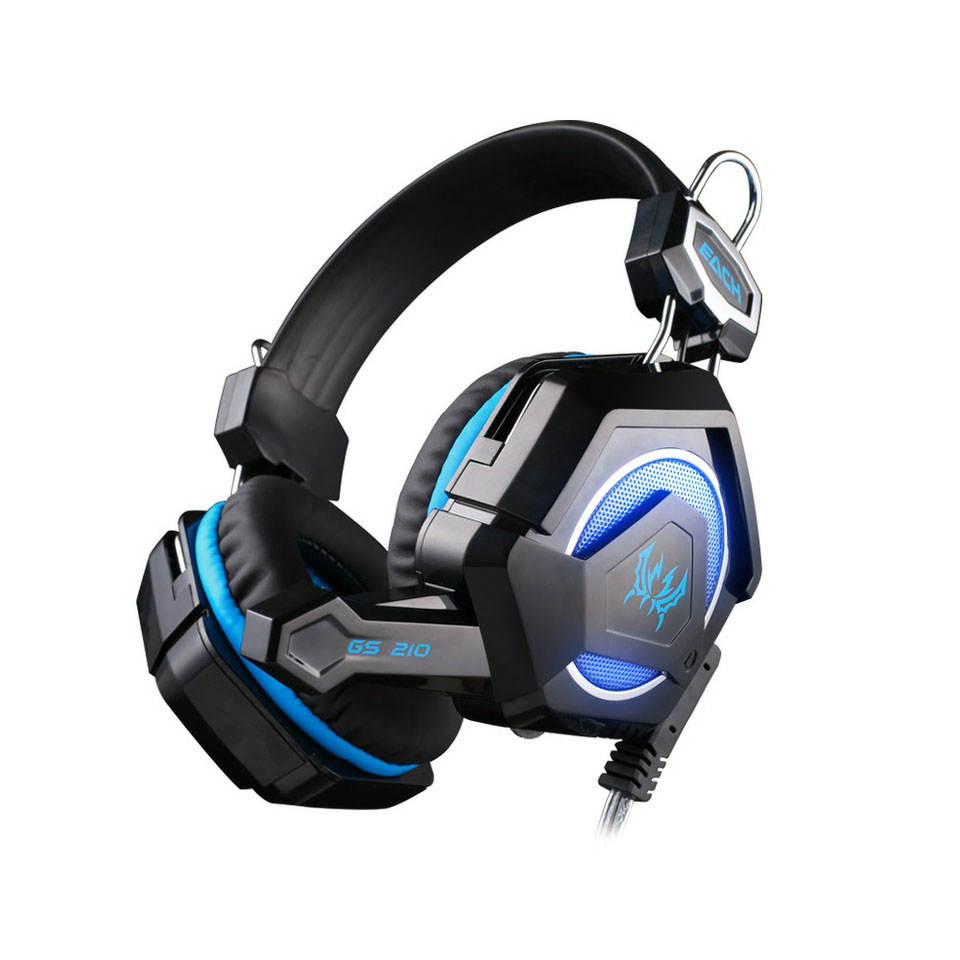 KOTION EACH GS210 50mm Professional Gaming Headphone with Mic LED Light Stereo Bass Noise Isolation Headset Earphones for Laptop Notebook Tablet Computer PC-Black/Blue