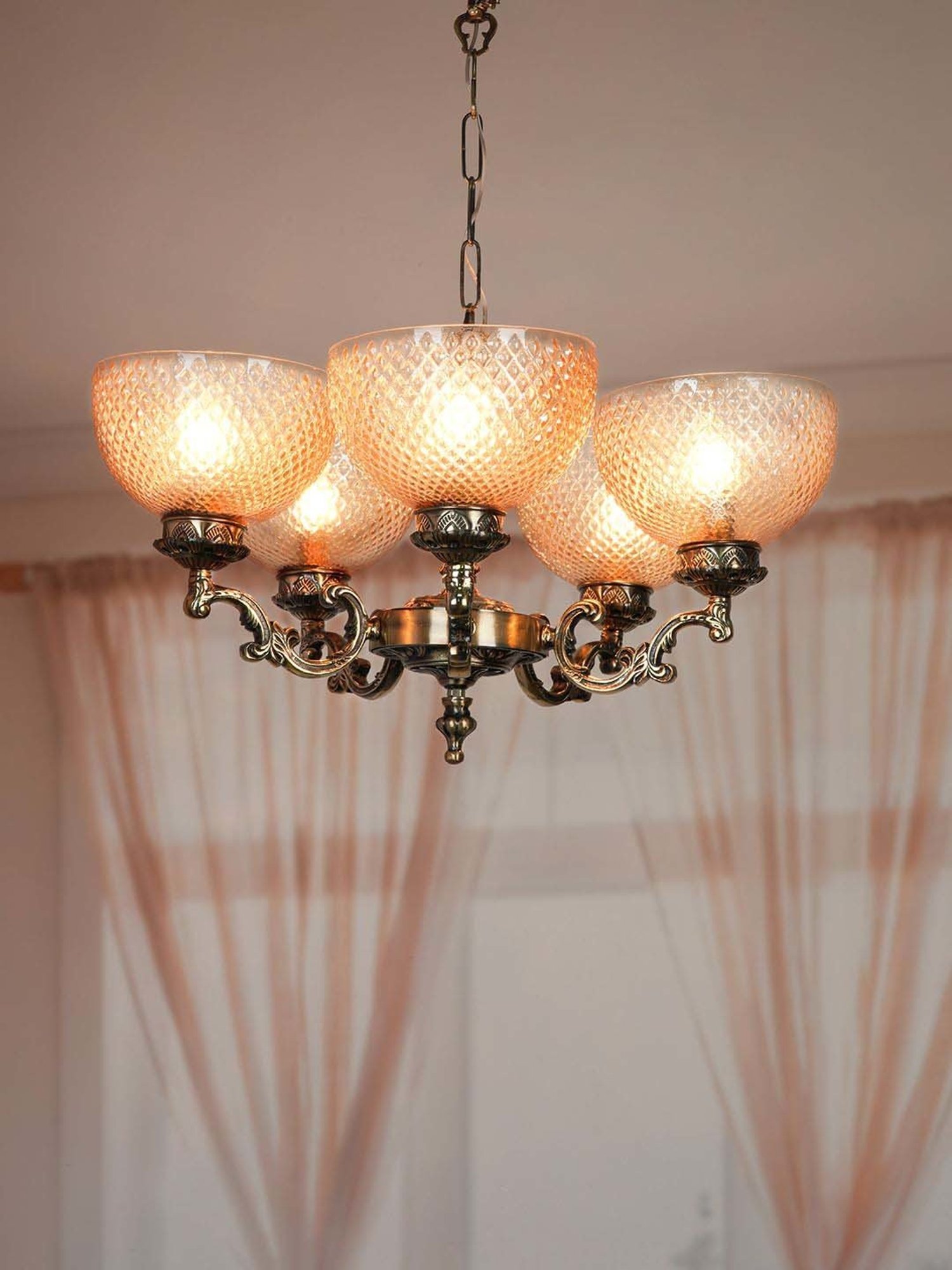 FOS LIGHTING Transparent & Silver Aluminium 5-In-1 Bowl Chandelier With Glass Shade