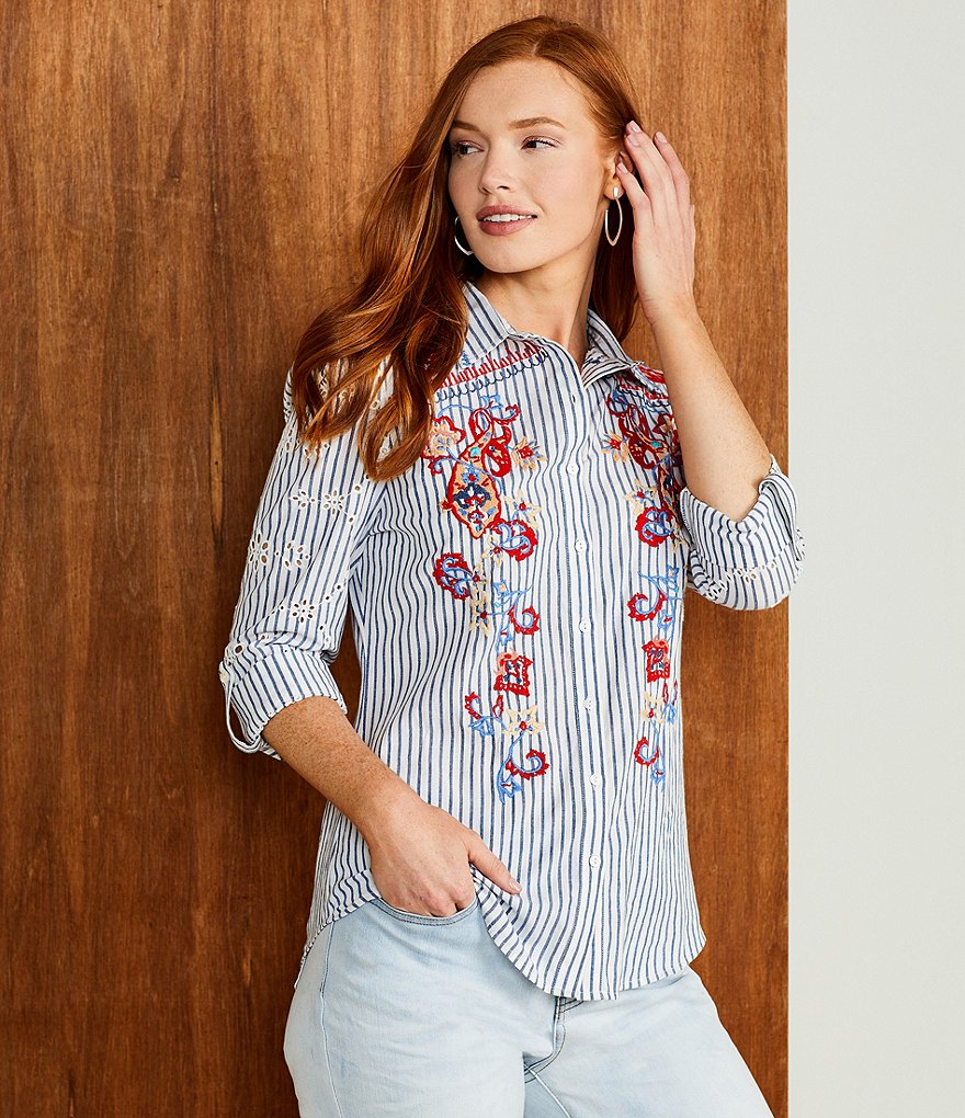 Reba 3/4 Cuffed Sleeve Button Front Embroidered Eyelet Shirt