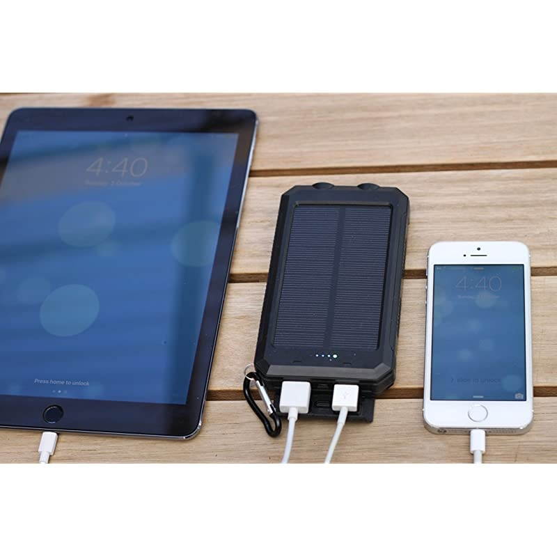 Portable Phone Charger by ALF Powerful 10000mAh Solar Charging Dual USB Bonus Safety 2 LED Lights Compass (Blue)