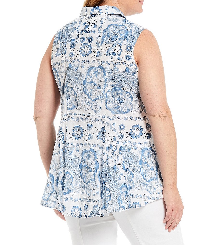 Intro Plus Size Point Collar Neck Sleeveless Floral Print Button-Down Broomstick Tunic
