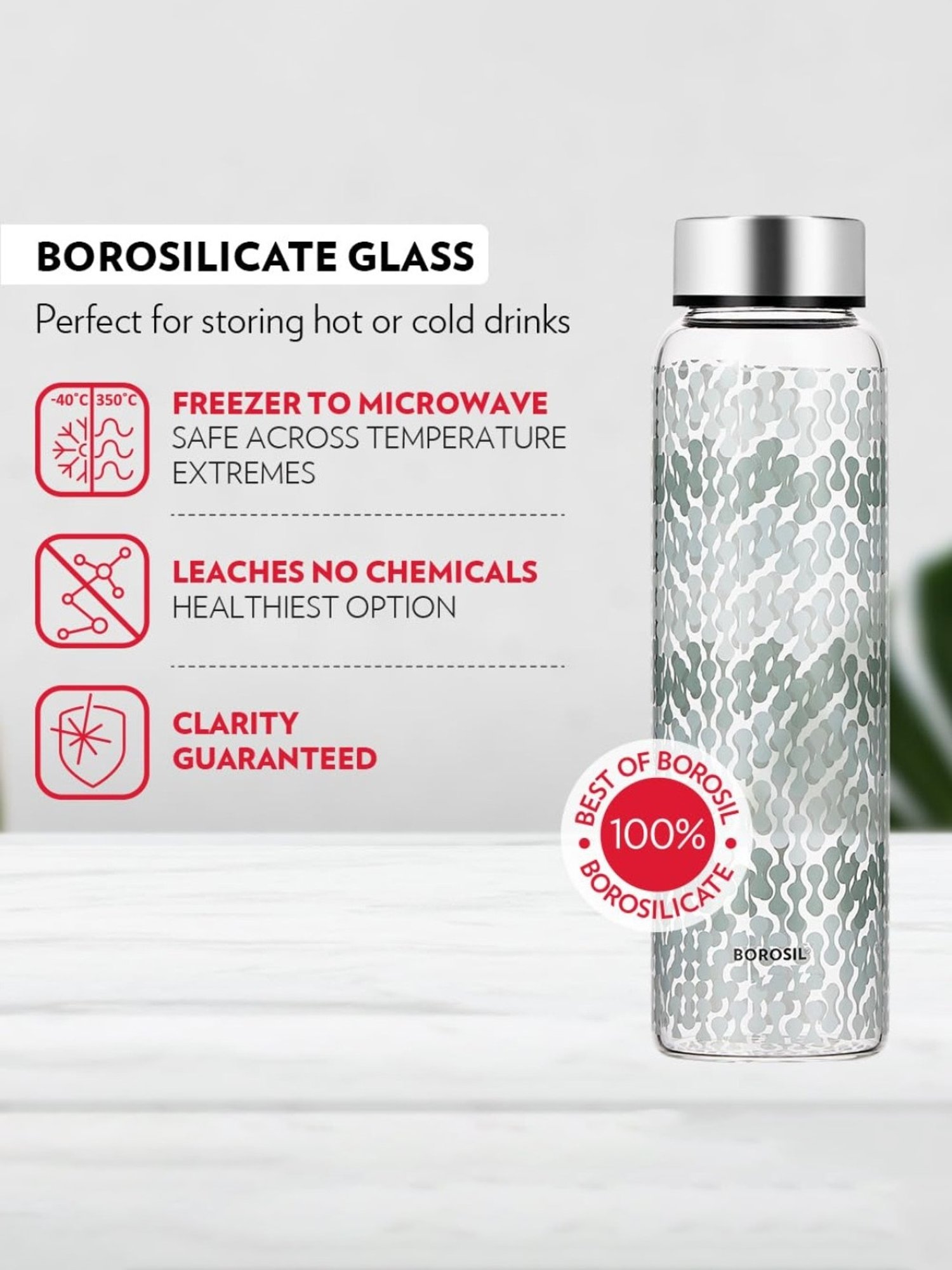Borosil Water Bottle with Fridge Safe & Leakproof Set of 3 (Transparent, 1000 ml)