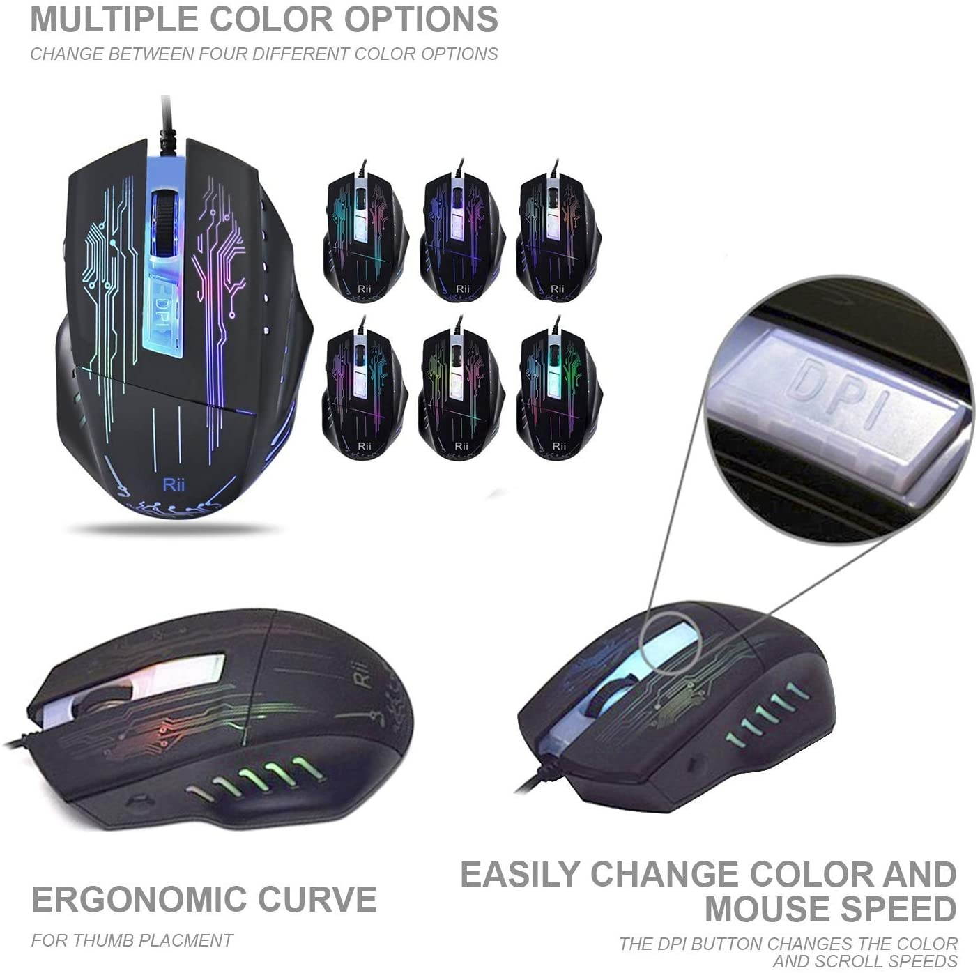 Rii Gaming Keyboard and Mouse Combo,LED Rainbow Backlit USB Wired Computer Keyboard 104 Key,Spill-Resistant Design,Ergonomic Wrist Rest Keyboard Mouse Set for Windows PC Gamer. Black