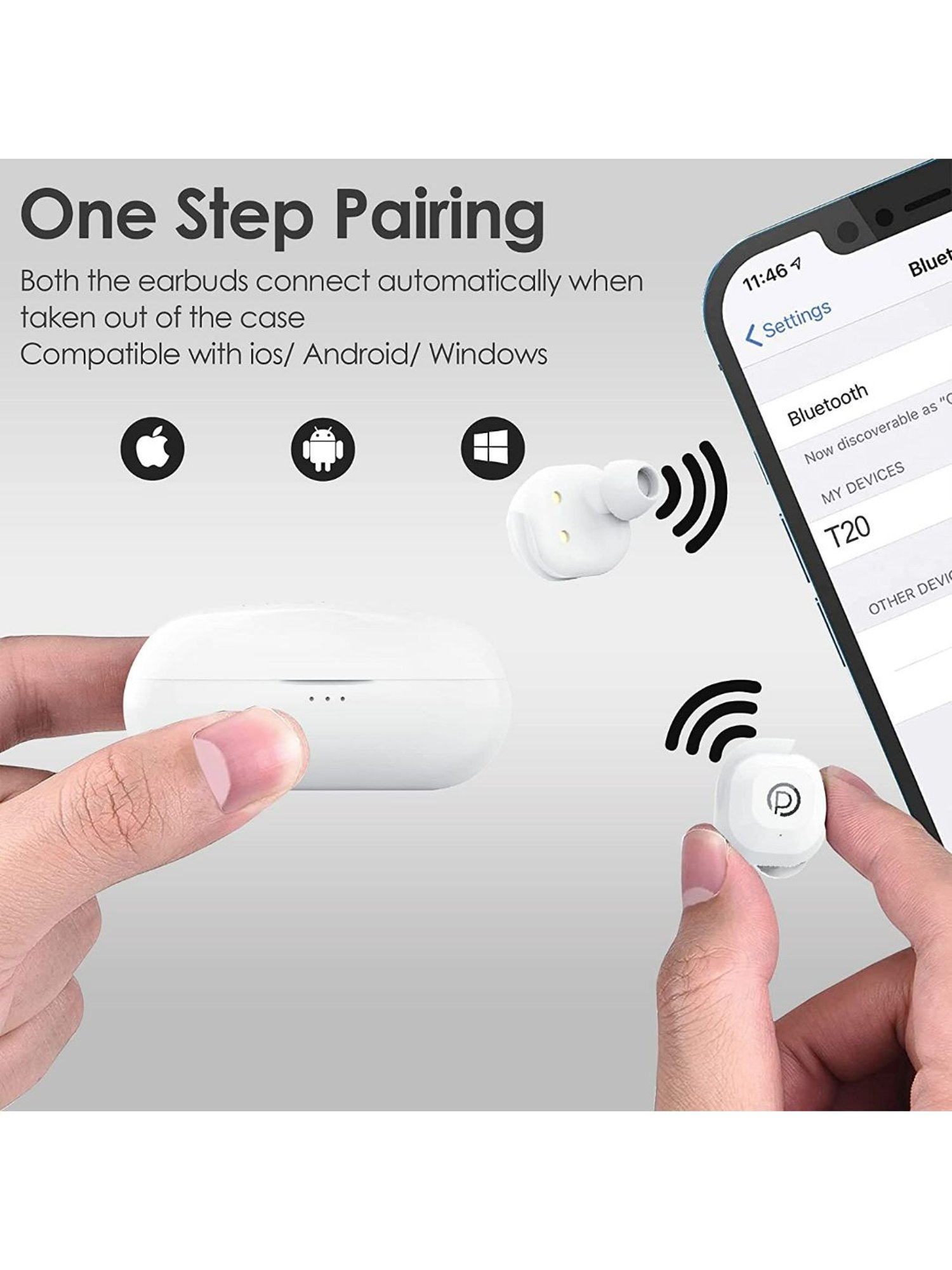 Probus T20 True Wireless (TWS) Bluetooth in-Ear Earbuds with Passive Noise Cancellation (White)