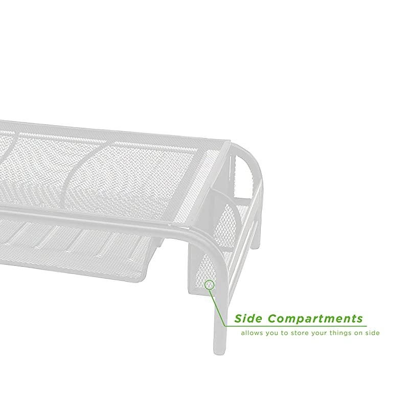 MESHMONSTA-WHT Monitor Stand, Metal Mesh Stand & Desk Organizer with Drawer, White