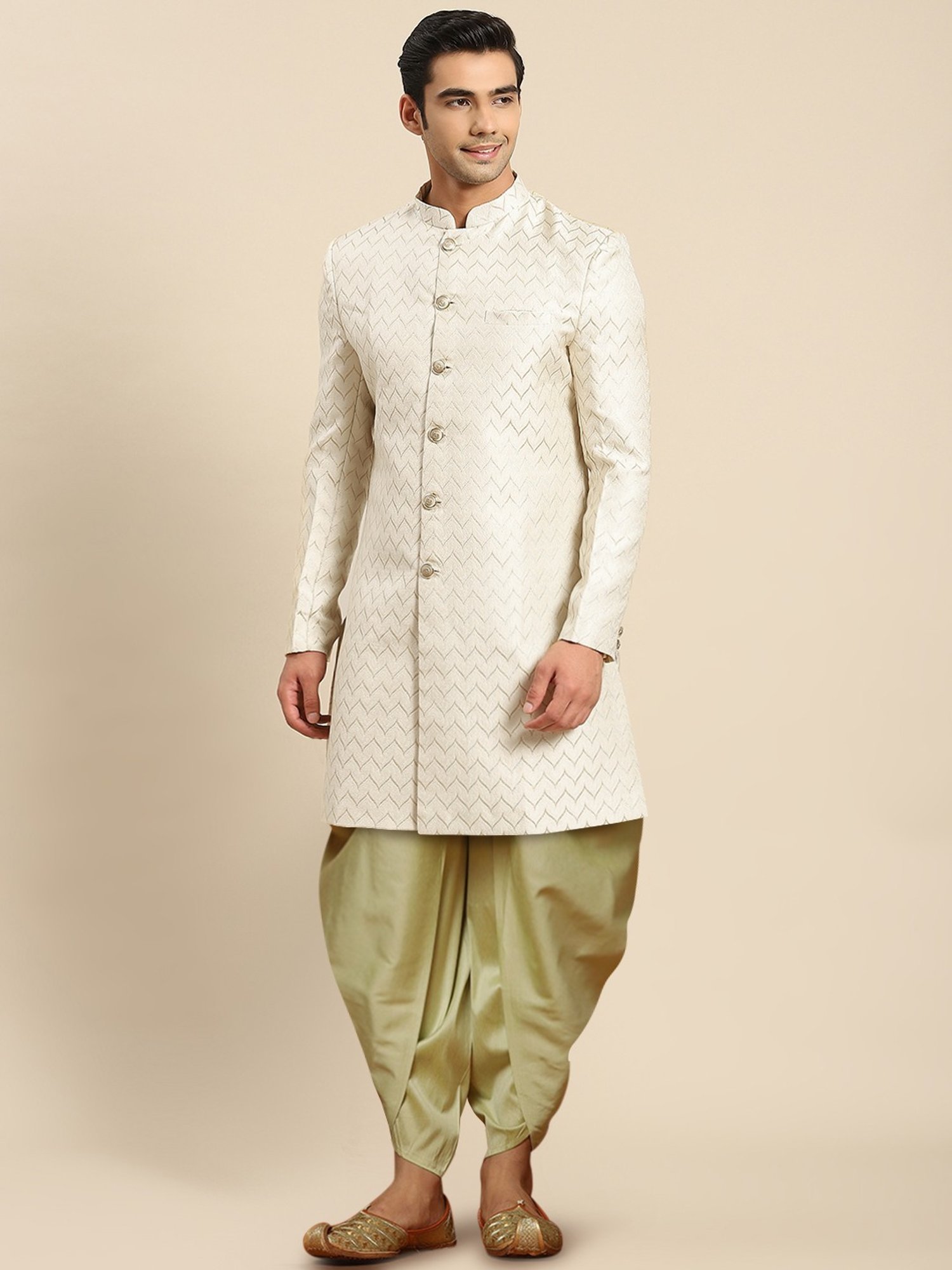 Hangup Plus Beige & Black Regular Fit Printed Sherwani Set