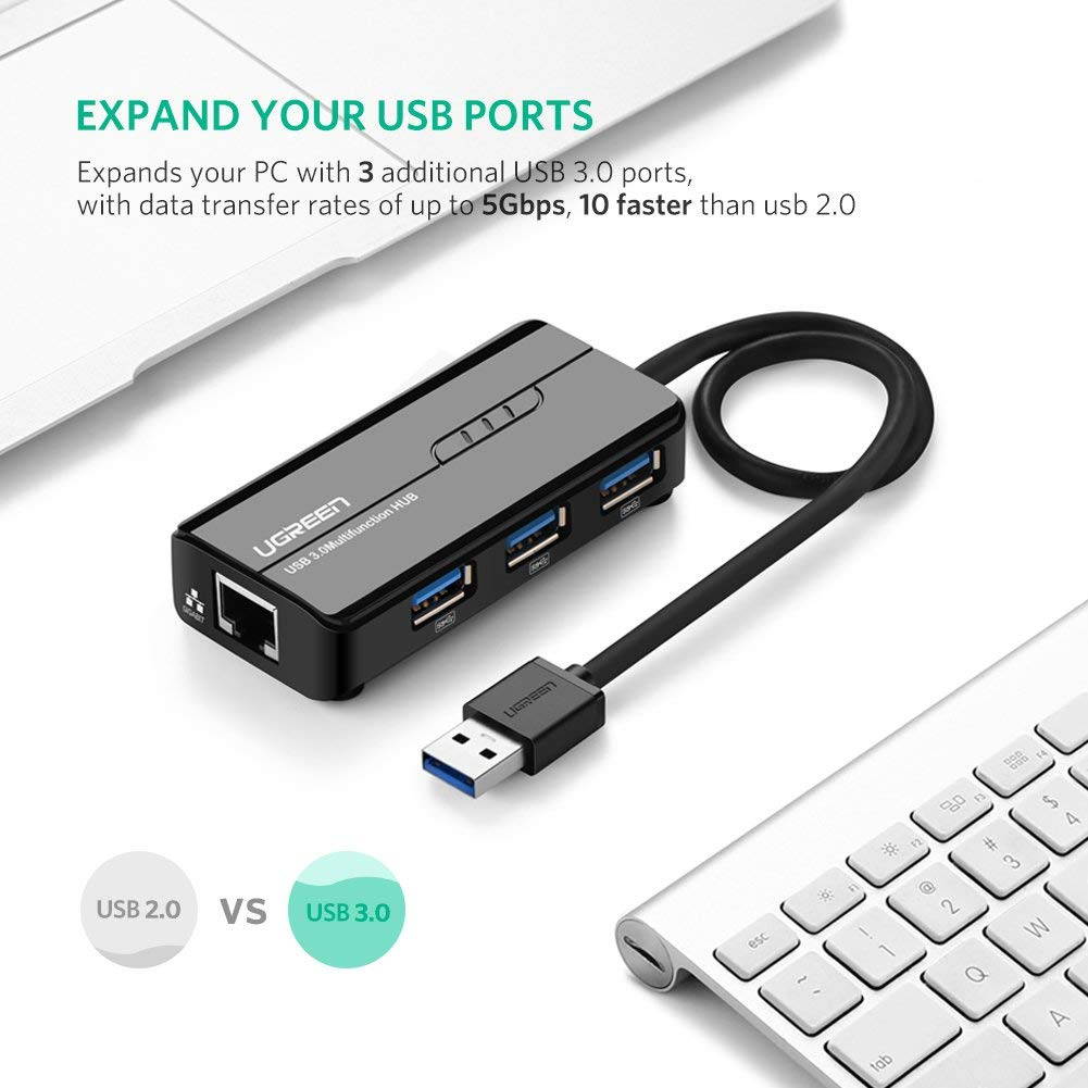 Updated 3-Port USB 3.0 Hub with RJ45 10/100/1000 Gigabit Ethernet Adapter Converter LAN Wired USB Network Adapter, USB 3.0/Type C to RJ45 1 Gigabit Port for Ultrabooks, Notebooks, Tablets and More