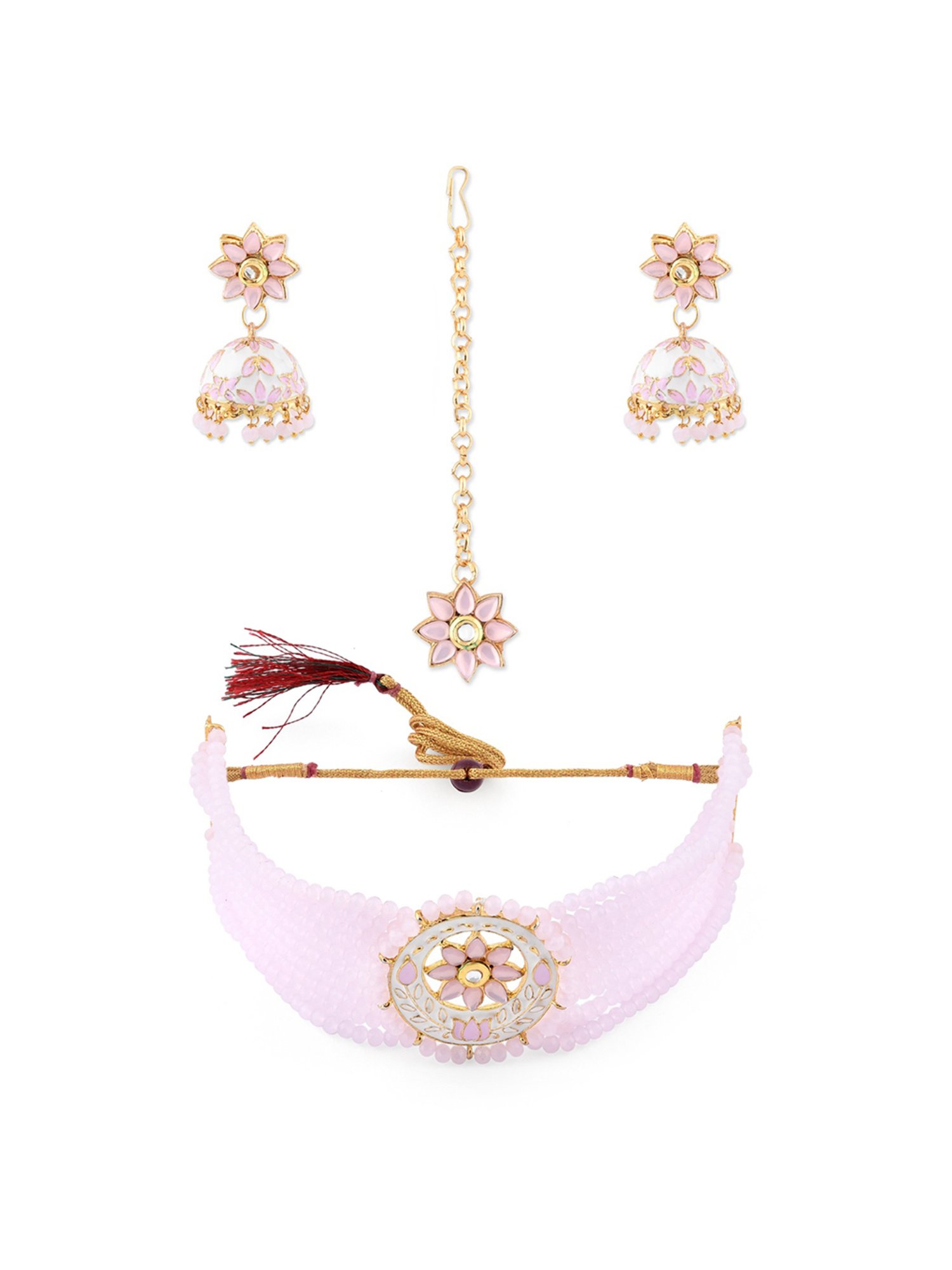 Zaveri Pearls Pink White Meenakari Crystal Multistrand Necklace Earring Maangtikka Set-ZPFK10274
