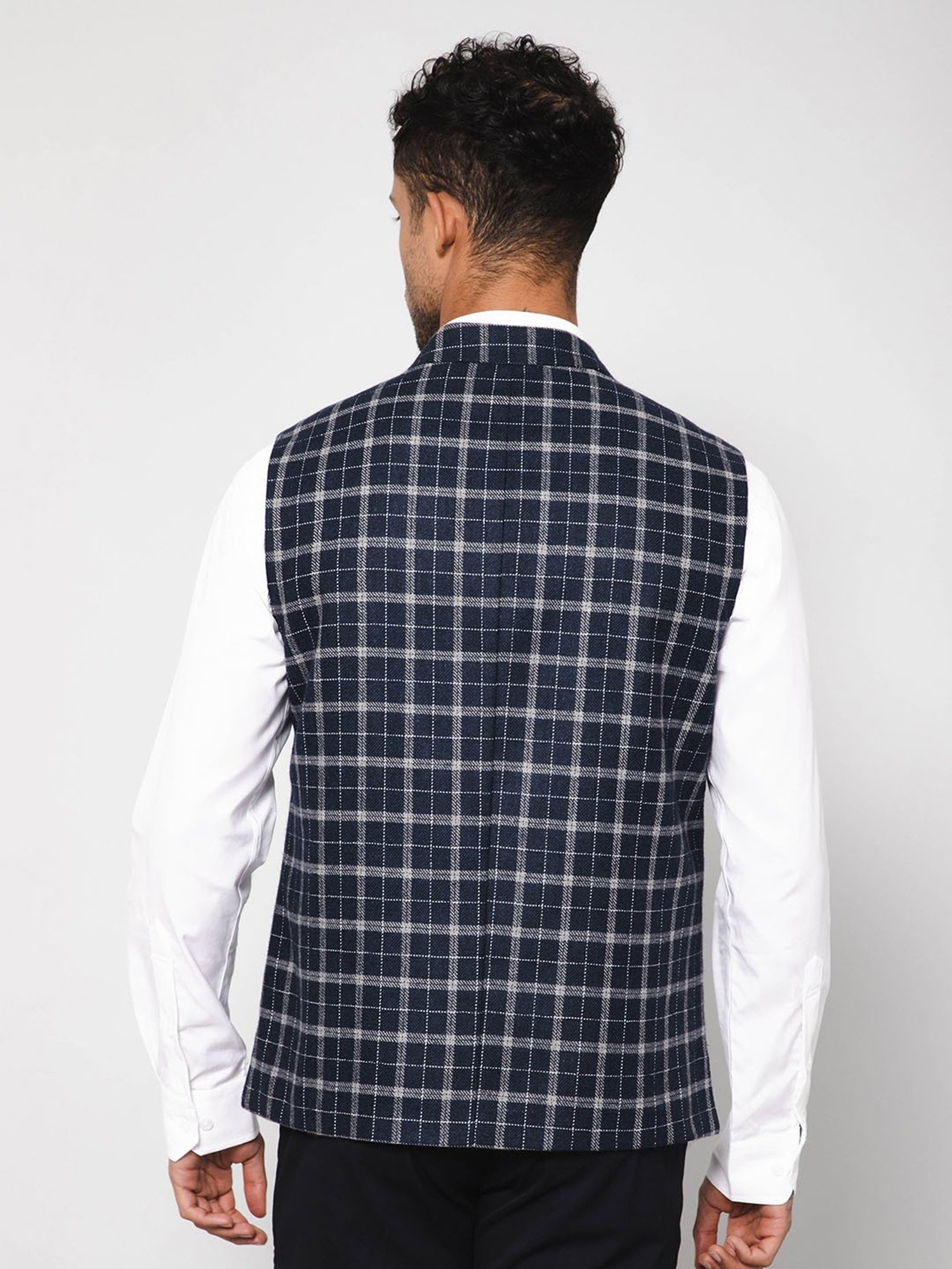 Cantabil Navy Regular Fit Check Nehru Jacket