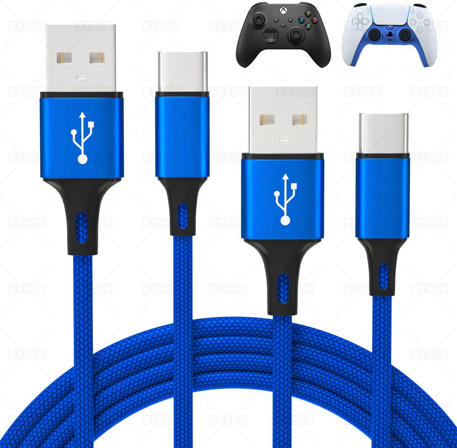 2 Pack 10FT Charging Cable for PS5 DualSense and Xbox Series X/S / Switch Pro Controller, Ackmioxy Charging Cord Nylon Braided Type-C Port Charger Accessories for Playstation 5/ Xbox Series S/X(Gold)