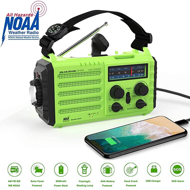 Emergency Radio  5000mAh Solar Hand Crank Portable Radio, NOAA Weather Radio for Household and 5 Ways Powered AM/FM/SW, LED Flashlight, Reading Lamp, Cell Phone Charger, and SOS Alarm