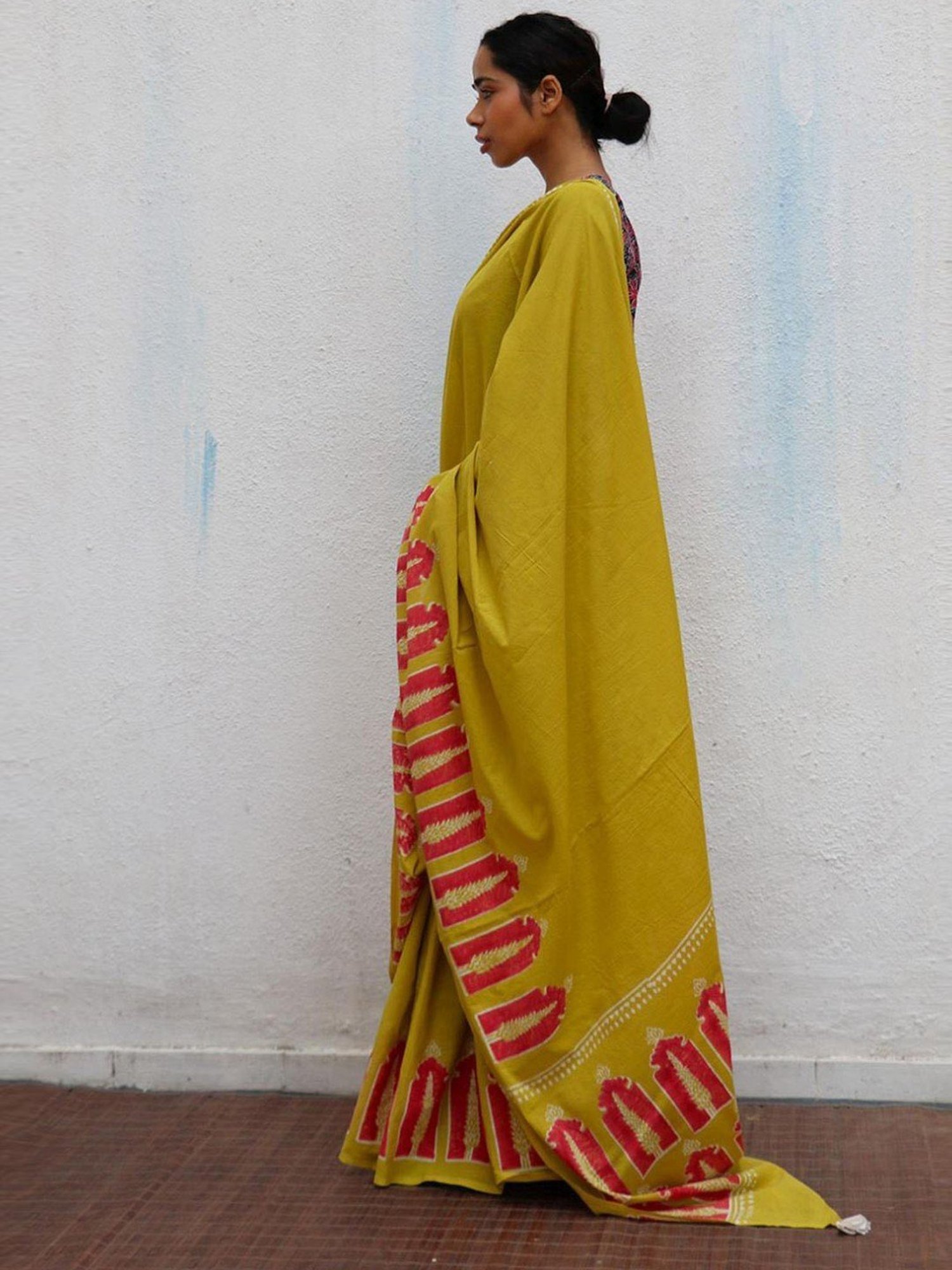 Chidiyaa Mustard Yellow Paakhi Apricot Sun Handblock Printed Cotton Saree