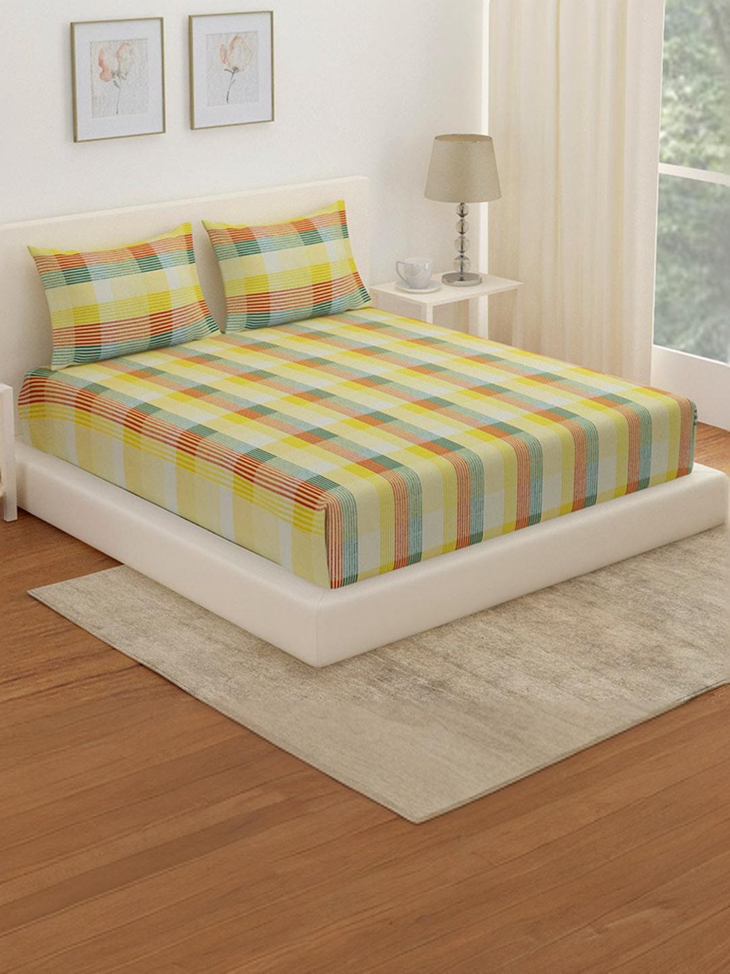 @Home Arias Yellow & Red 225 TC Cotton Satin King Bedsheet with 2 Pillow Covers