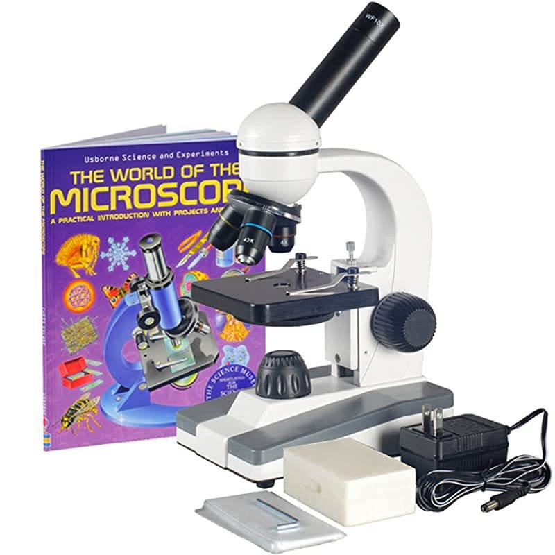 M148C-PB10-WM Compound Monocular Microscope, WF10x and WF25x Eyepieces, 40x-1000x Magnification, LED Illumination, Brightfield, Single-Lens Condenser, Plain Stage, 110V or Battery-Powered, Includes 5